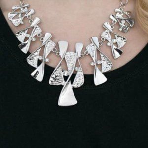 Silver Tone Rhinestone Modernist Statement Necklace
